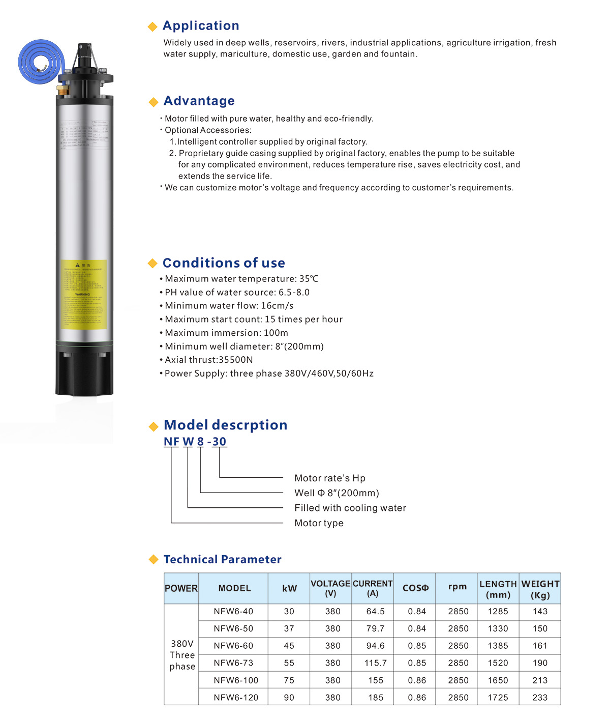 8 inch Water Cooling Submersible Motor